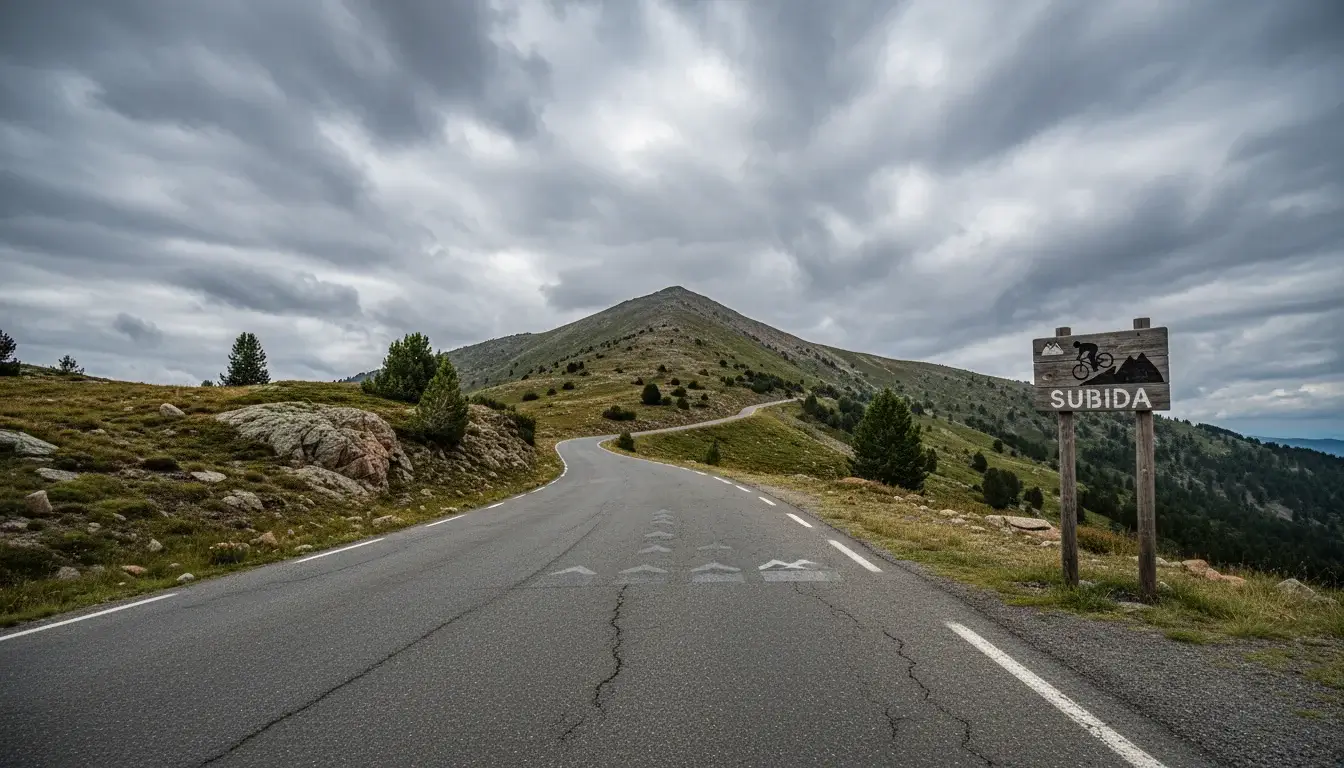 Perfil altimétrico de una etapa de montaña con puertos señalizados sobre un paisaje de alta montaña