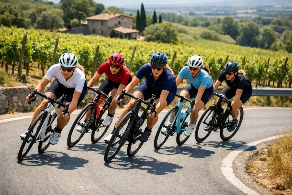 Pelotón femenino de ciclismo profesional compitiendo en carretera