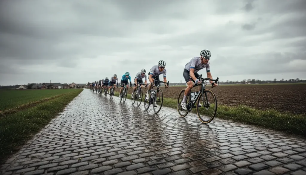 Ciclistas rodando sobre adoquines en un sector empedrado de la clásica París-Roubaix