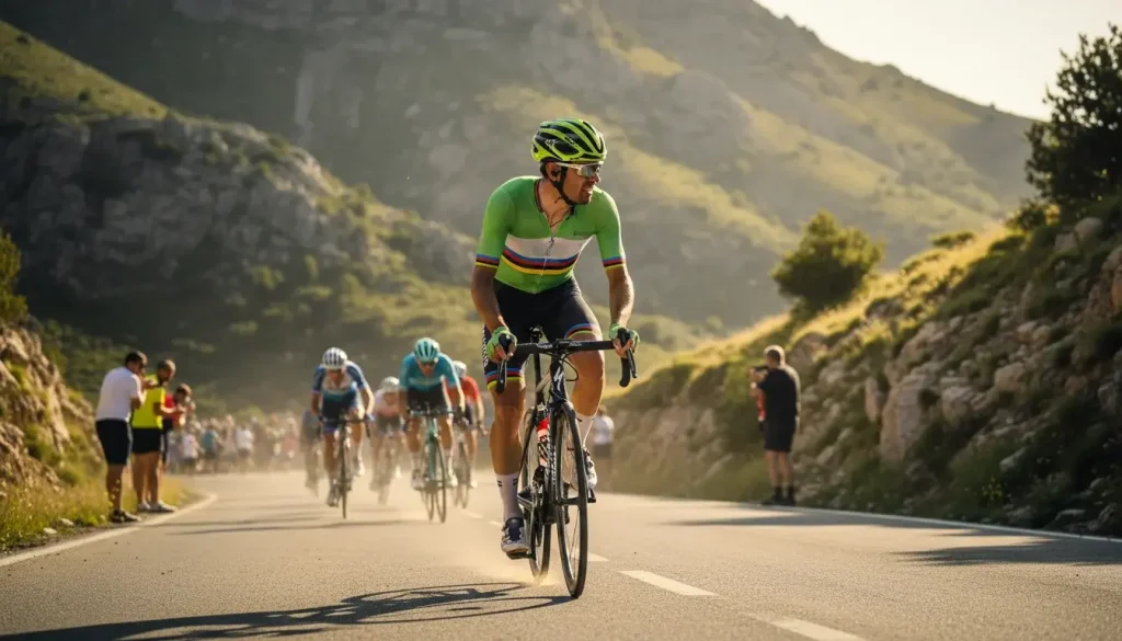Ciclista profesional atacando en solitario en los últimos kilómetros de una etapa de montaña