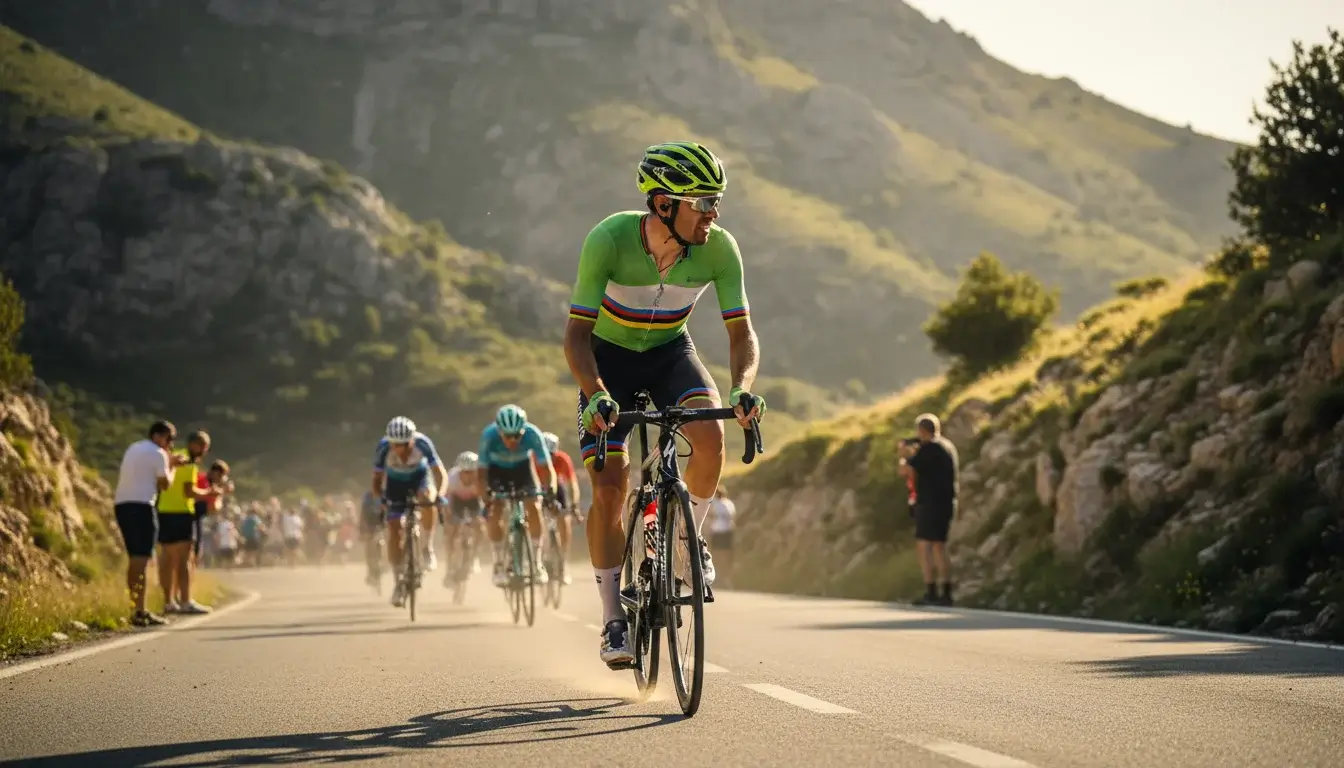 Ciclista profesional atacando en solitario en los últimos kilómetros de una etapa de montaña