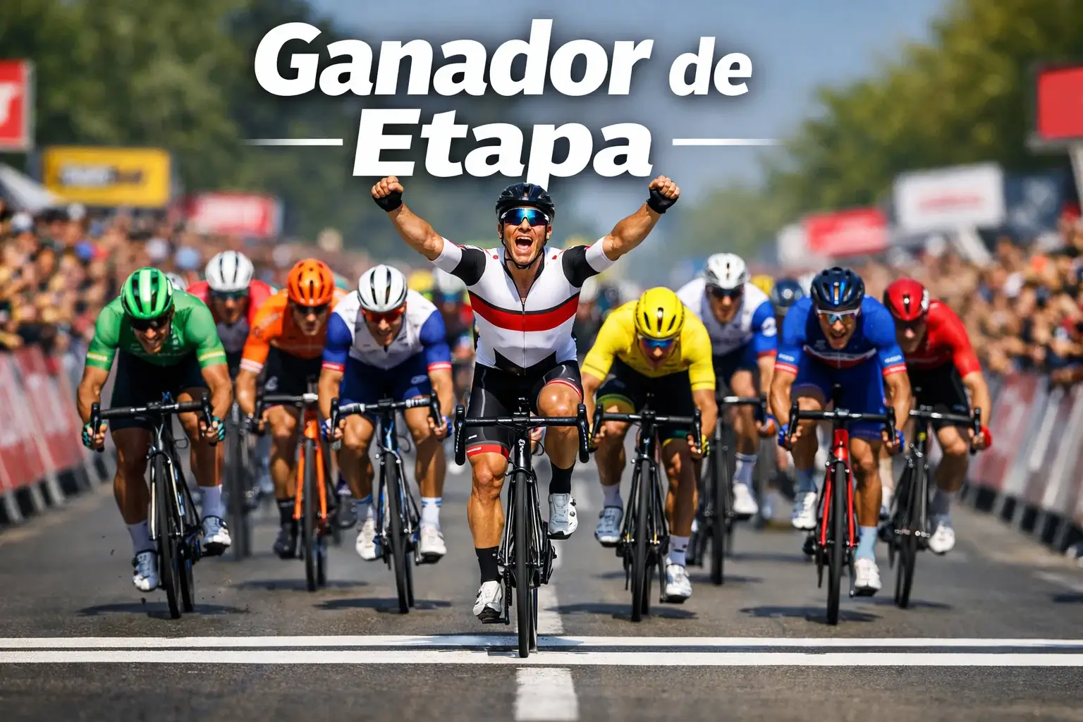 Sprint masivo de ciclistas cruzando la línea de meta en una etapa llana