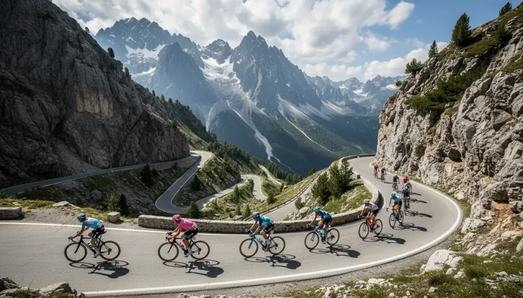 Ciclistas escalando un puerto de los Dolomitas durante el Giro de Italia con paisaje alpino