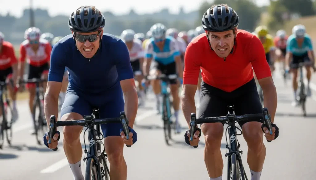 Dos ciclistas profesionales rodando codo con codo disputando posición en una etapa llana