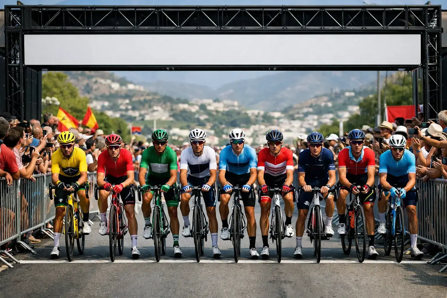 Pelotón ciclista en la salida de una gran vuelta con pancarta de inicio