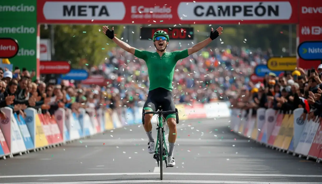 Sprinter ciclista celebrando una victoria de etapa con los brazos en alto en la línea de meta