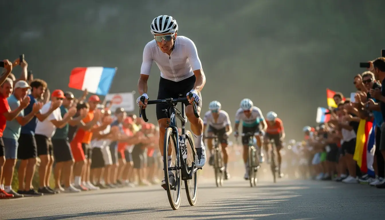 Joven ciclista profesional atacando en una subida durante una gran vuelta ciclista