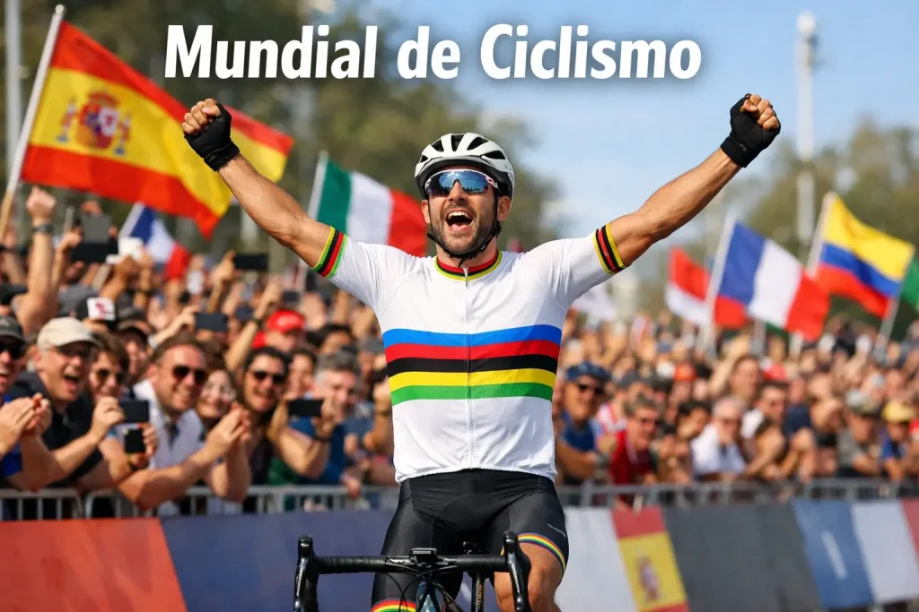 Ciclista con maillot arcoíris cruzando la meta del Campeonato del Mundo