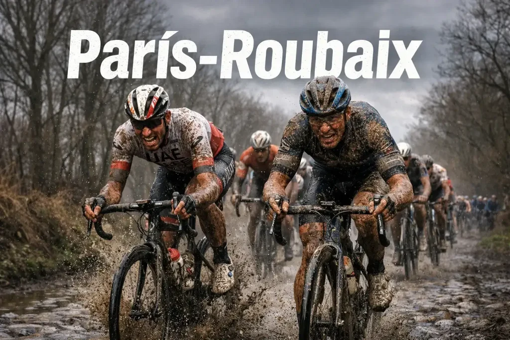 Ciclistas profesionales rodando sobre adoquines embarrados en la París-Roubaix