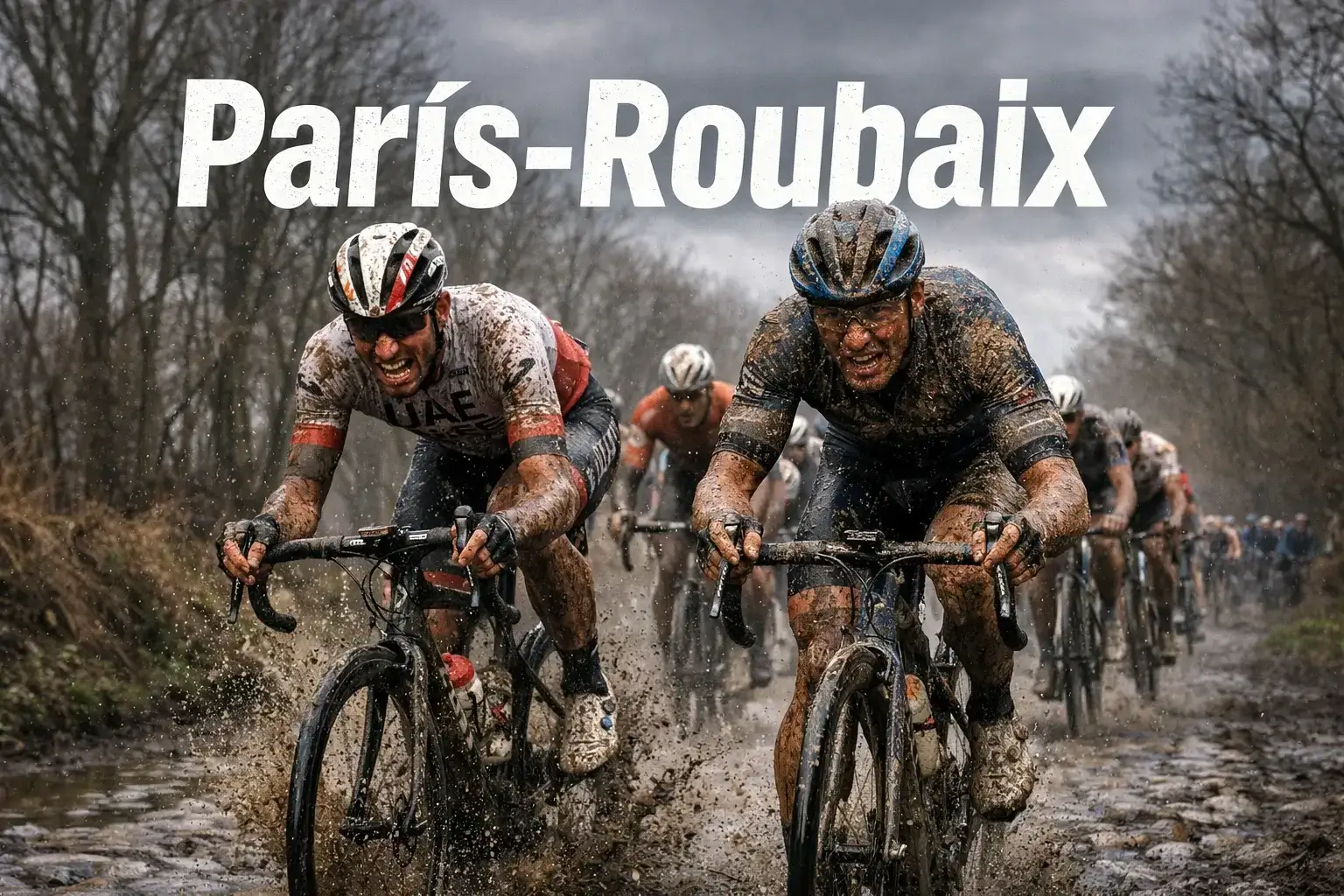 Ciclistas profesionales rodando sobre adoquines embarrados en la París-Roubaix