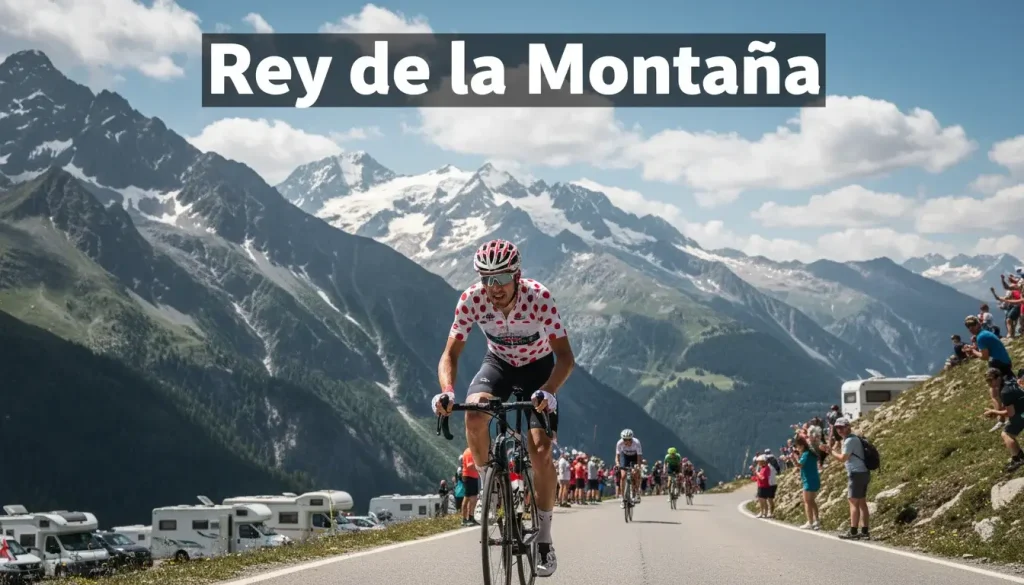 Ciclista coronando la cima de un puerto de alta montaña con paisaje nevado de fondo