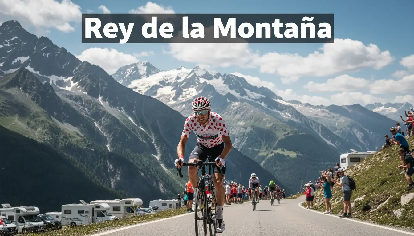 Ciclista coronando la cima de un puerto de alta montaña con paisaje nevado de fondo