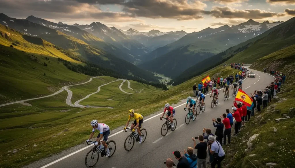 Pelotón del Tour de Francia subiendo un puerto de montaña con público animando en la cuneta