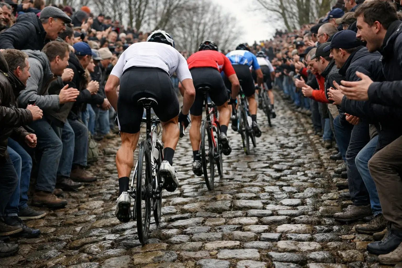 Ciclistas subiendo un muro empedrado del Tour de Flandes con público a los lados