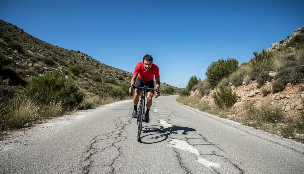 Ciclista escalando un puerto empinado en España bajo el sol intenso del verano