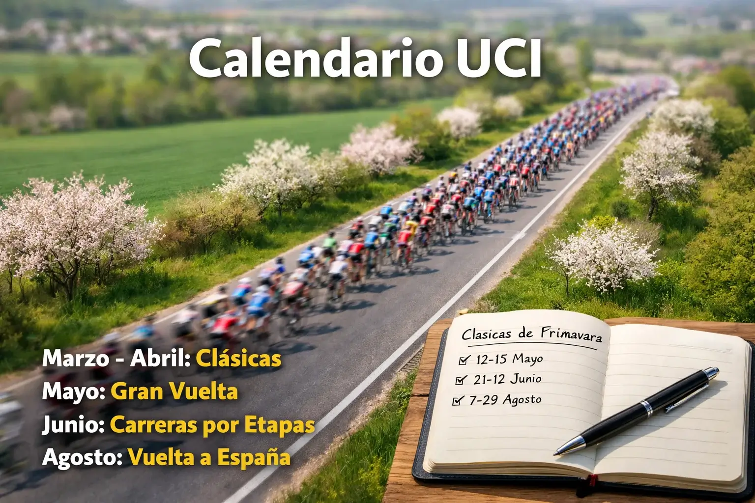 Pelotón ciclista profesional recorriendo una carretera europea en primavera