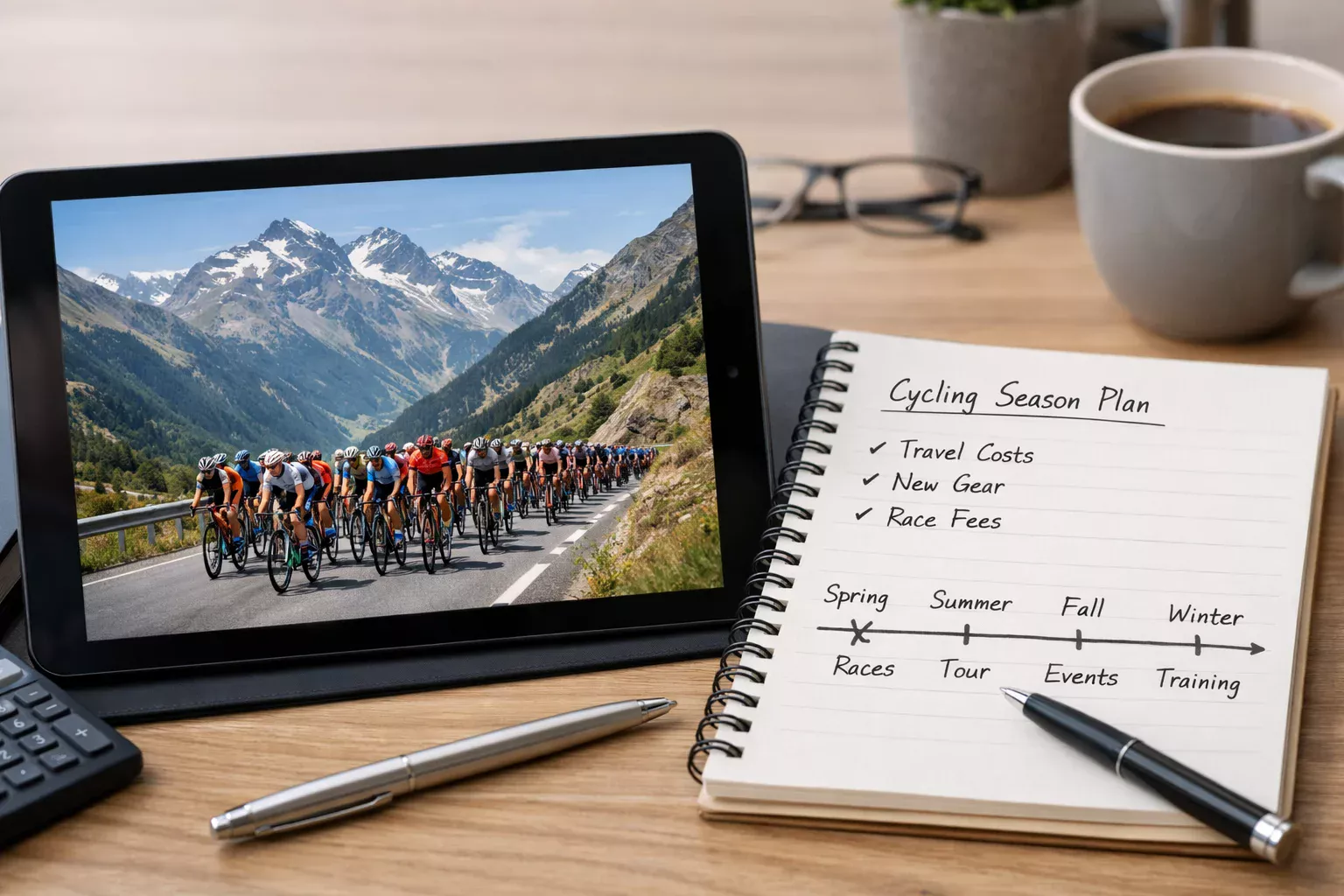 Ciclistas en competición junto a elementos de planificación financiera