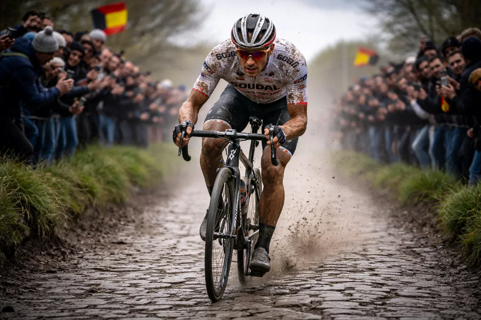 Ciclista clasicómano rodando sobre adoquines en una clásica de primavera