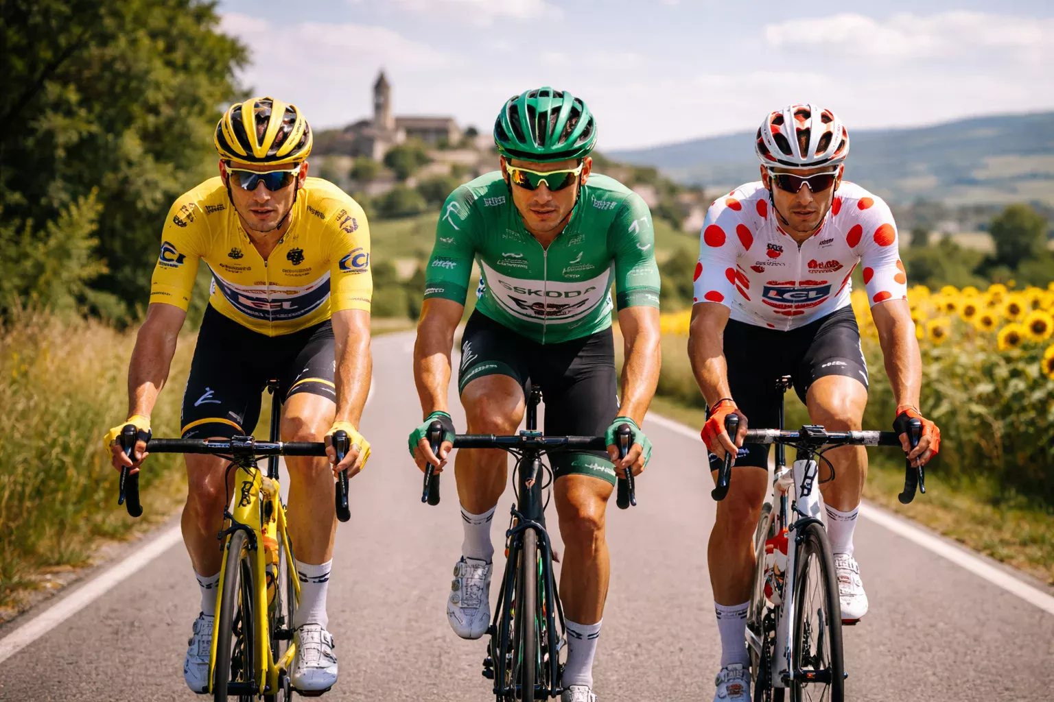 Ciclistas con maillot amarillo, verde y de lunares en el Tour de Francia