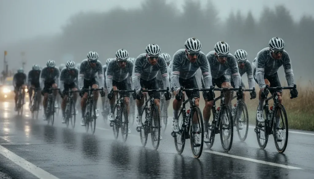 Pelotón ciclista rodando bajo una fuerte lluvia en una etapa de carretera mojada