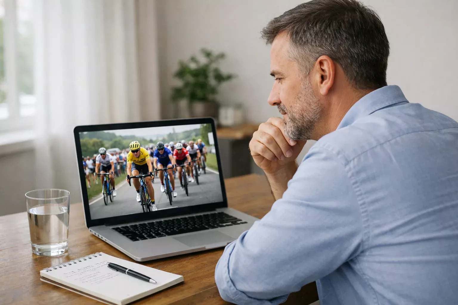 Persona tomando notas con calma mientras observa información deportiva en pantalla