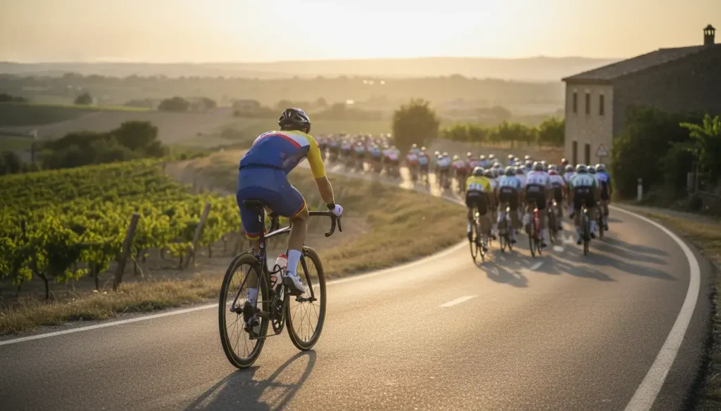 Pantalla de cuotas de apuestas de ciclismo con pelotón de fondo