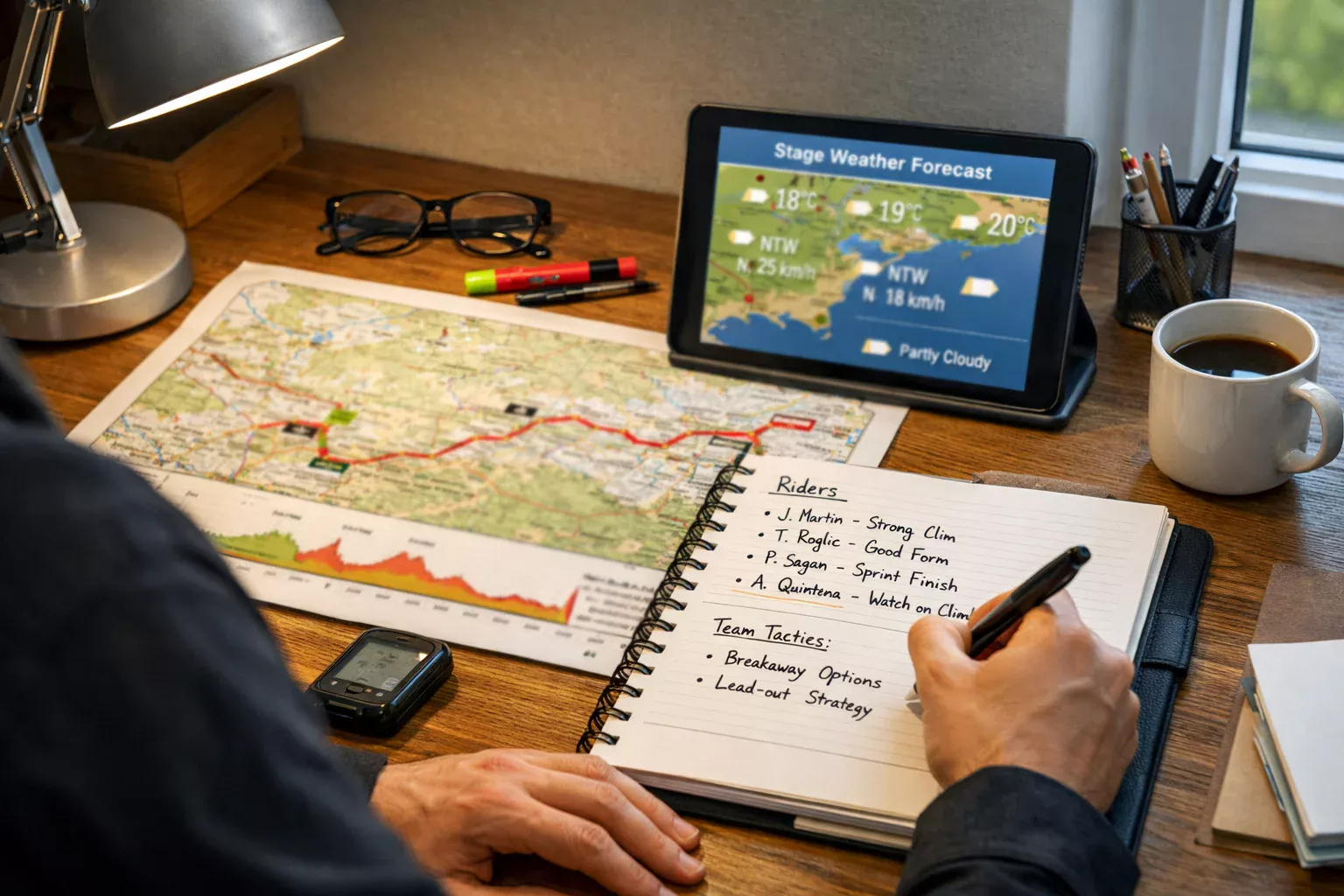 Analista estudiando el recorrido de una etapa ciclista con mapas y notas