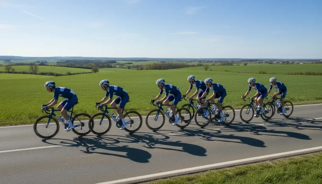 Equipo ciclista profesional rodando en formación compacta en carretera