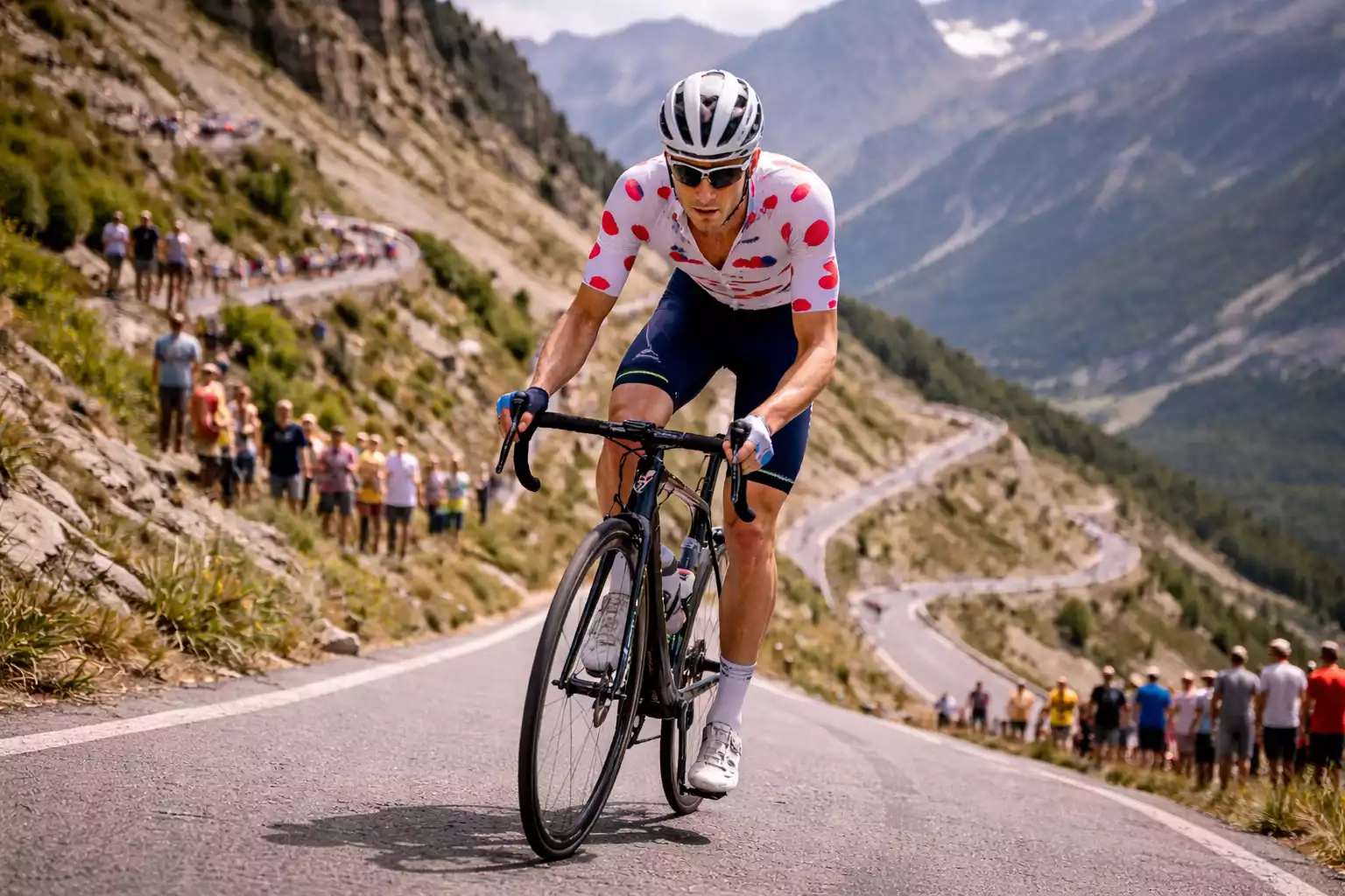Escalador ciclista ascendiendo un puerto de montaña con pendiente pronunciada