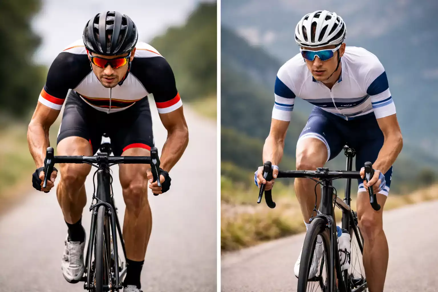 Ciclistas de diferentes perfiles: sprinter musculoso y escalador ligero en entrenamiento