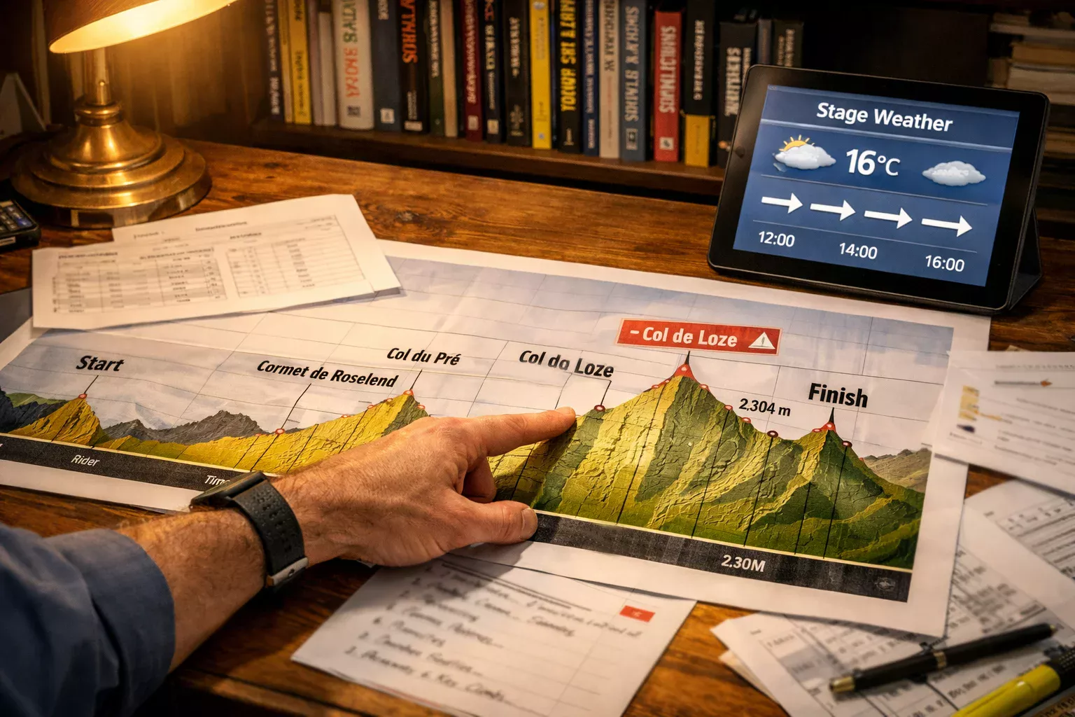 Experto estudiando perfil de etapa y recorrido ciclista