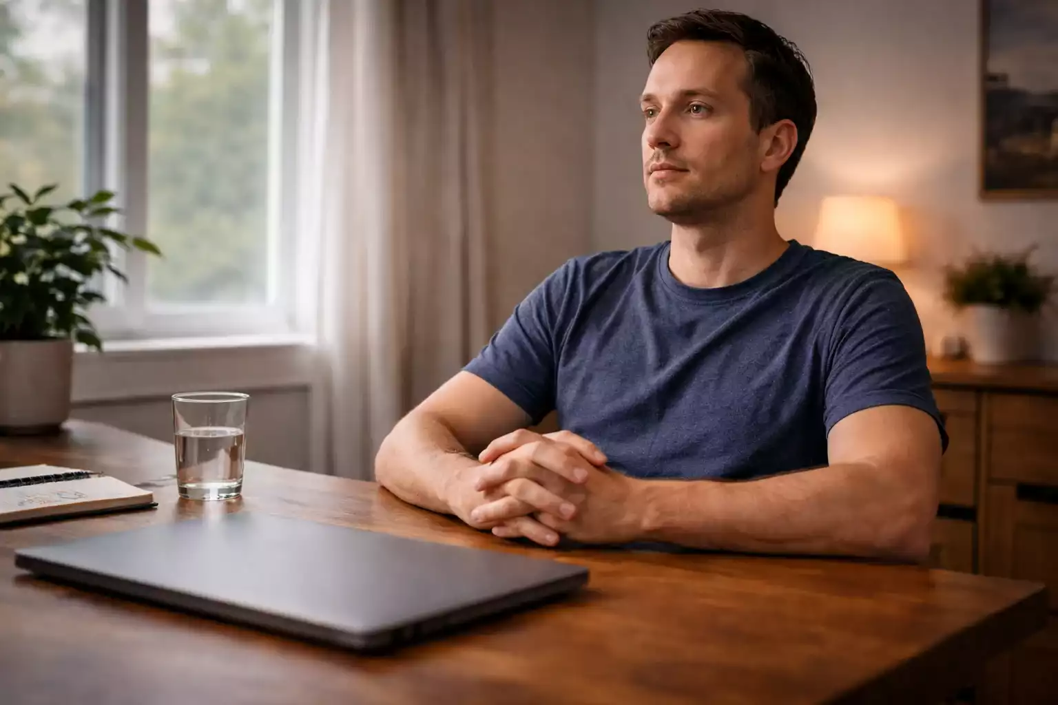 Persona en actitud reflexiva manteniendo la calma ante una decisión importante