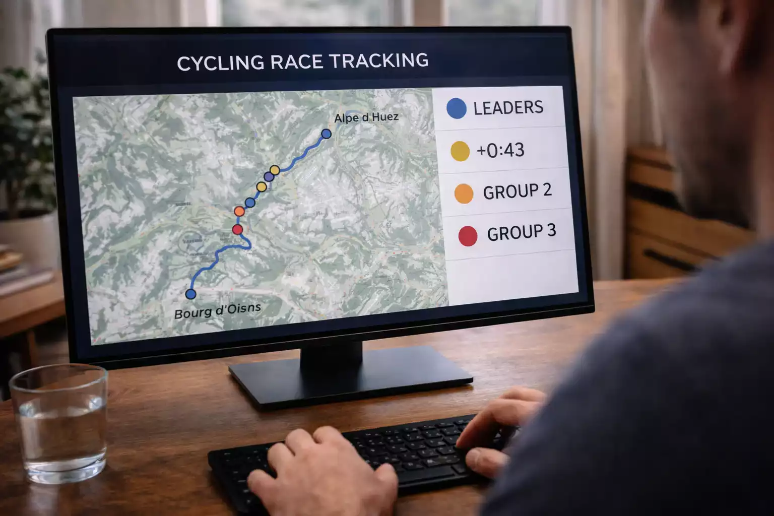 Pantalla mostrando datos en tiempo real de una carrera ciclista con tiempos y posiciones
