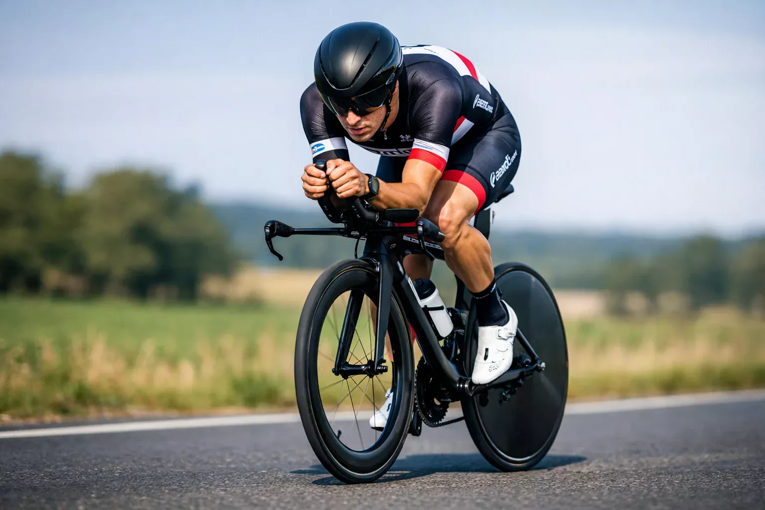 Ciclista de ruta en posición aerodinámica durante competición