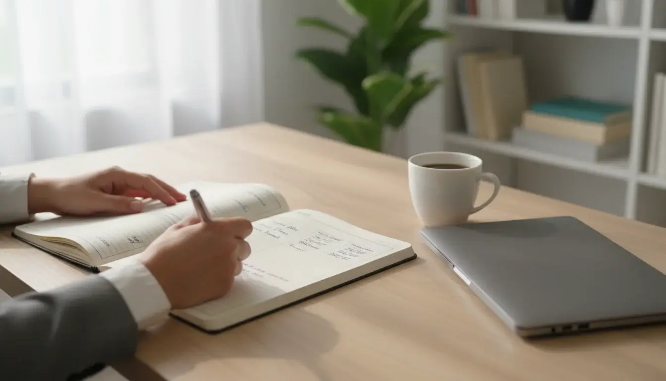 Persona organizando notas y planificando con un bolígrafo junto a un cuaderno abierto