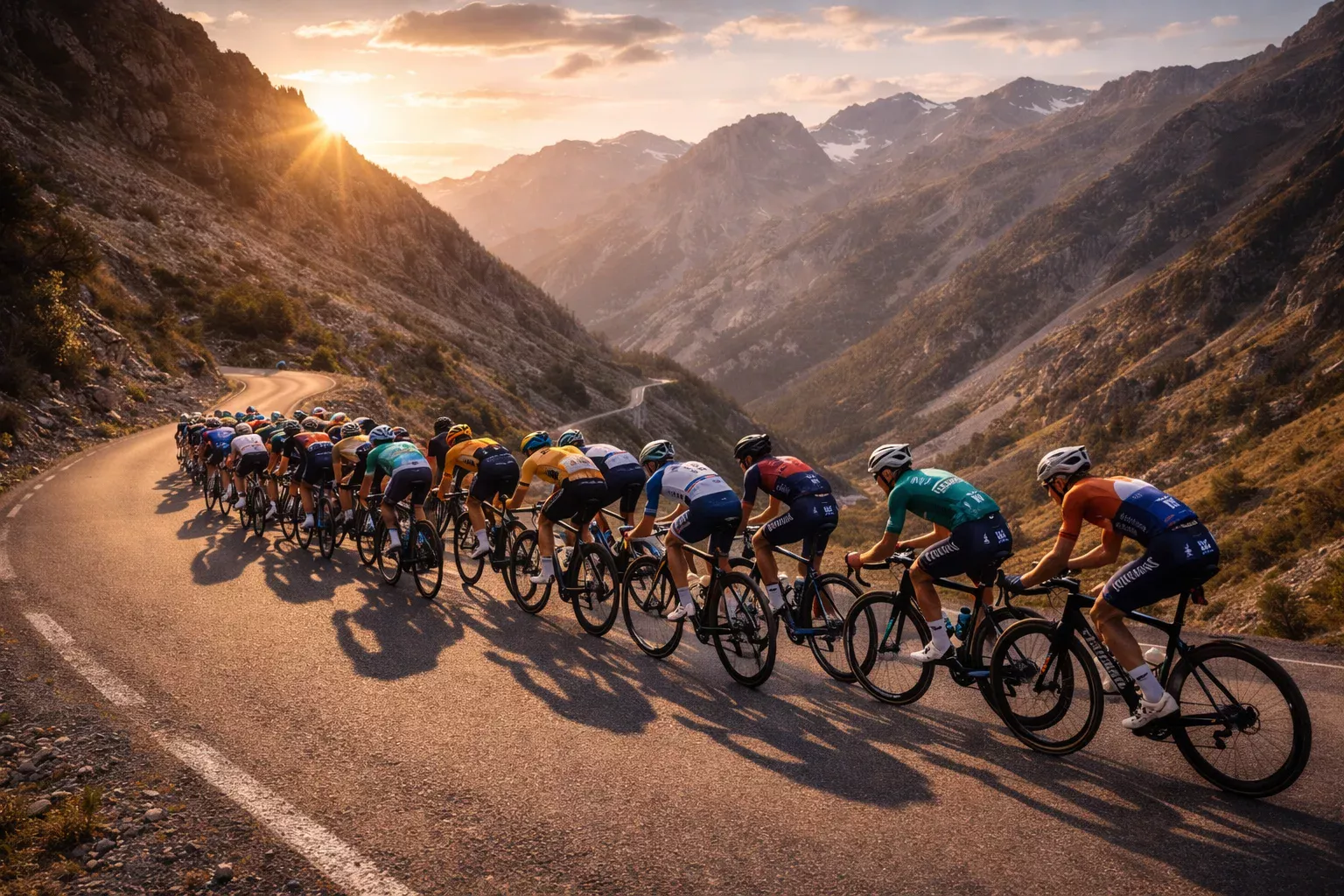 Pelotón de ciclistas profesionales en carrera por montaña