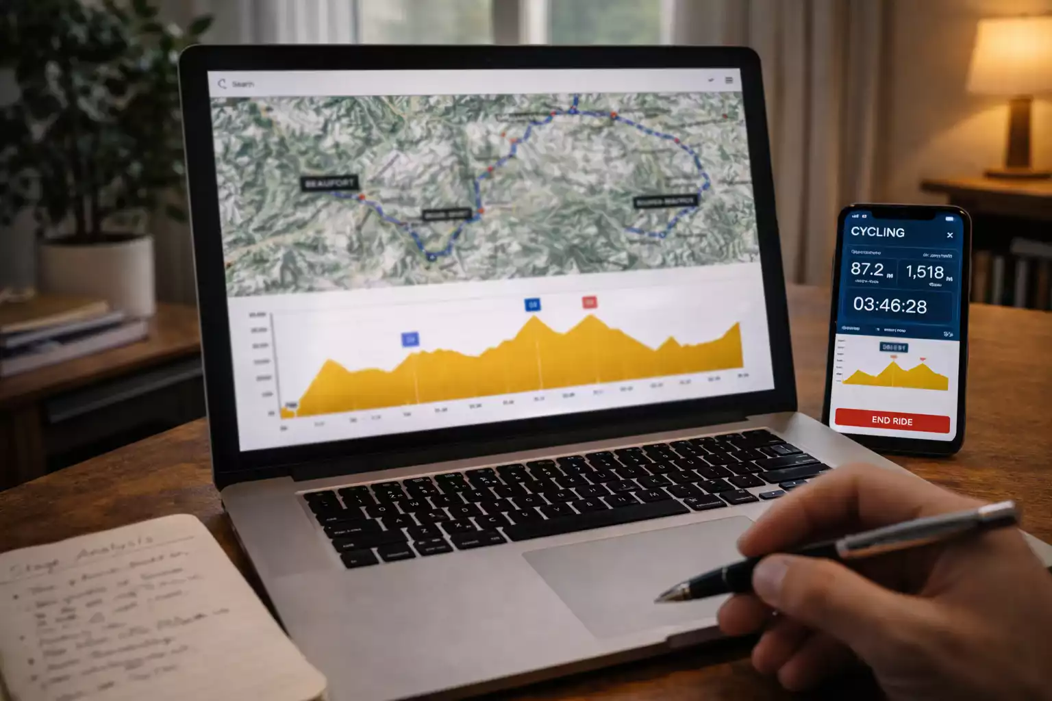 Ordenador portátil mostrando mapas y datos de rutas ciclistas