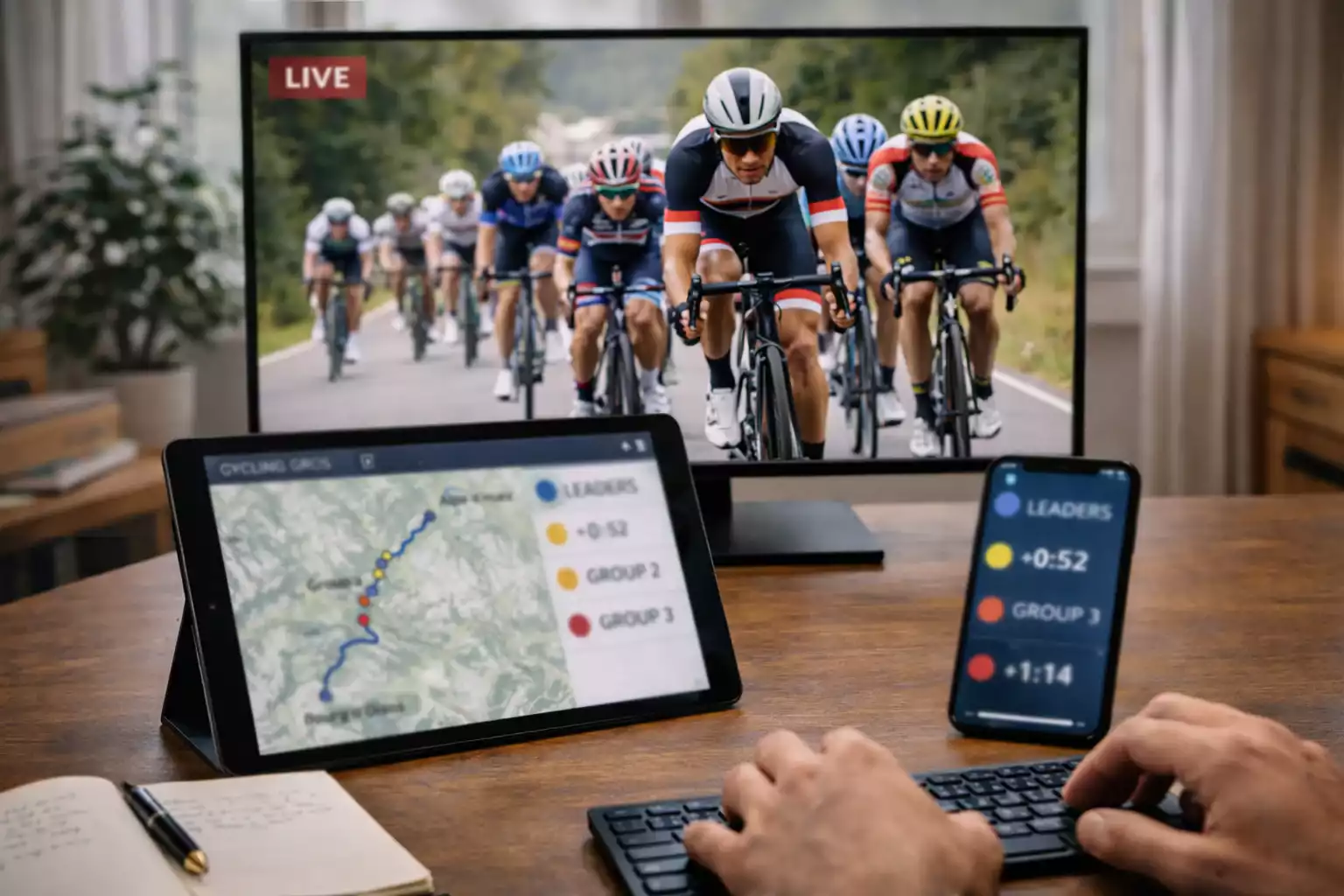 Configuración con televisión, tablet y smartphone mostrando seguimiento GPS de carrera