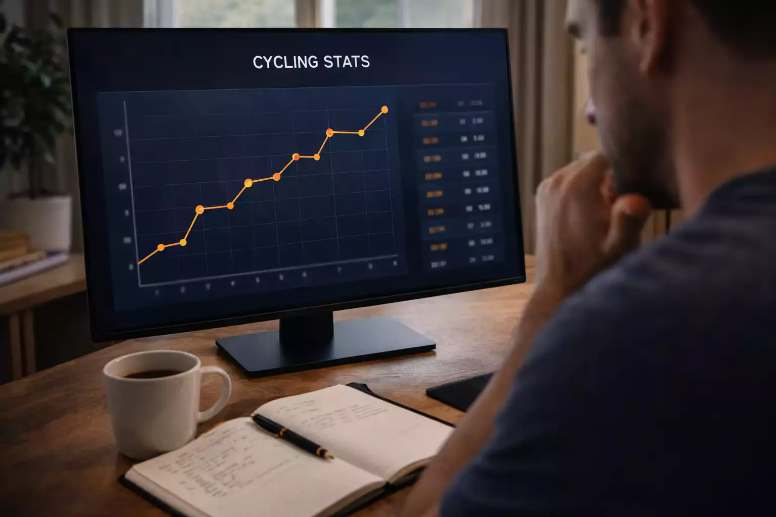 Persona analizando datos y estadísticas de ciclismo en una pantalla