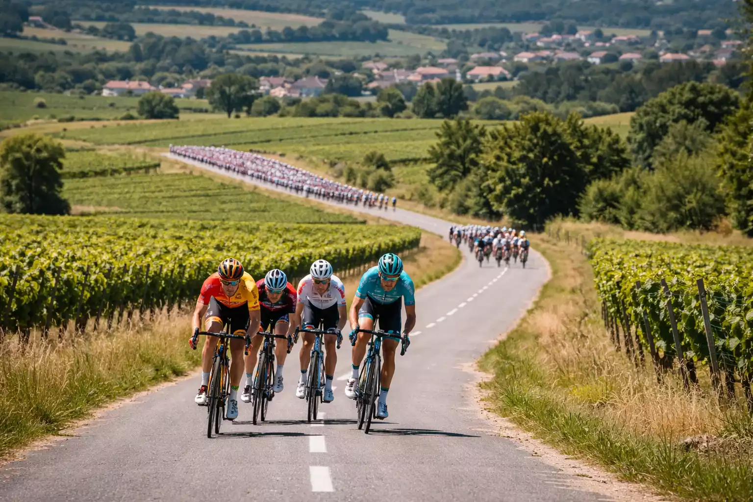 Ciclistas en plena competición con grupo escapado y pelotón perseguidor visible