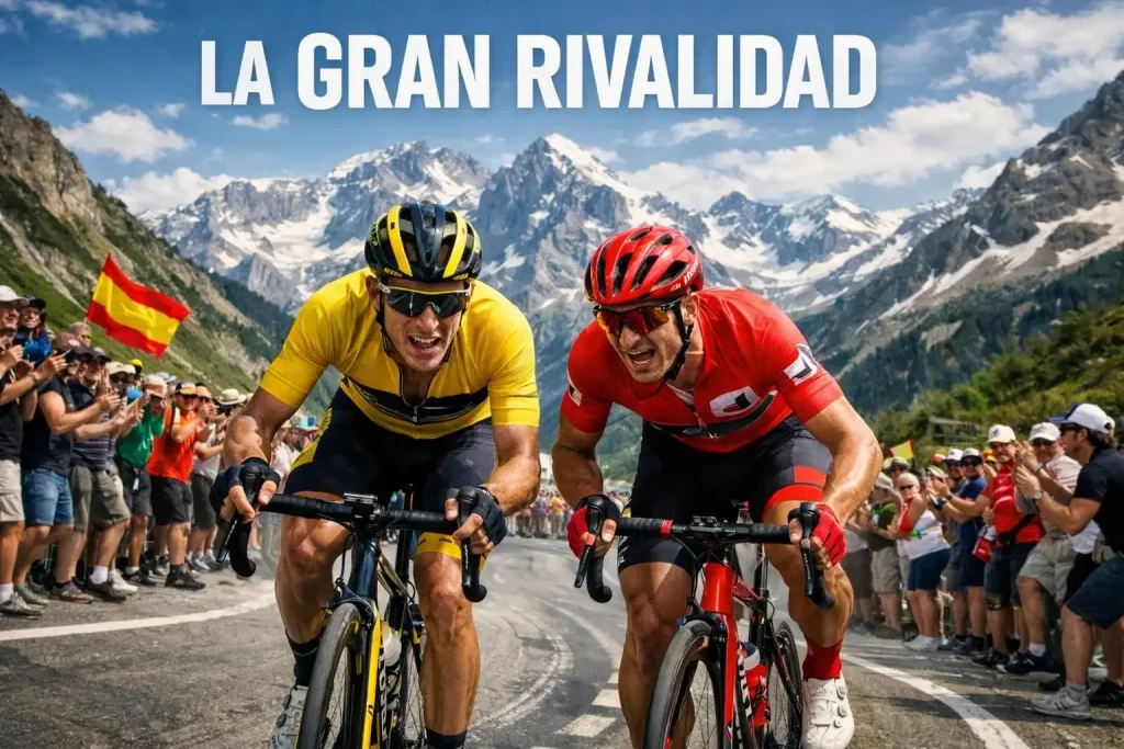 Dos ciclistas profesionales compitiendo codo a codo subiendo un puerto de montaña