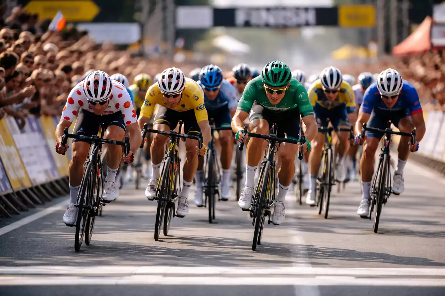 Sprint masivo de ciclistas profesionales en llegada de etapa llana