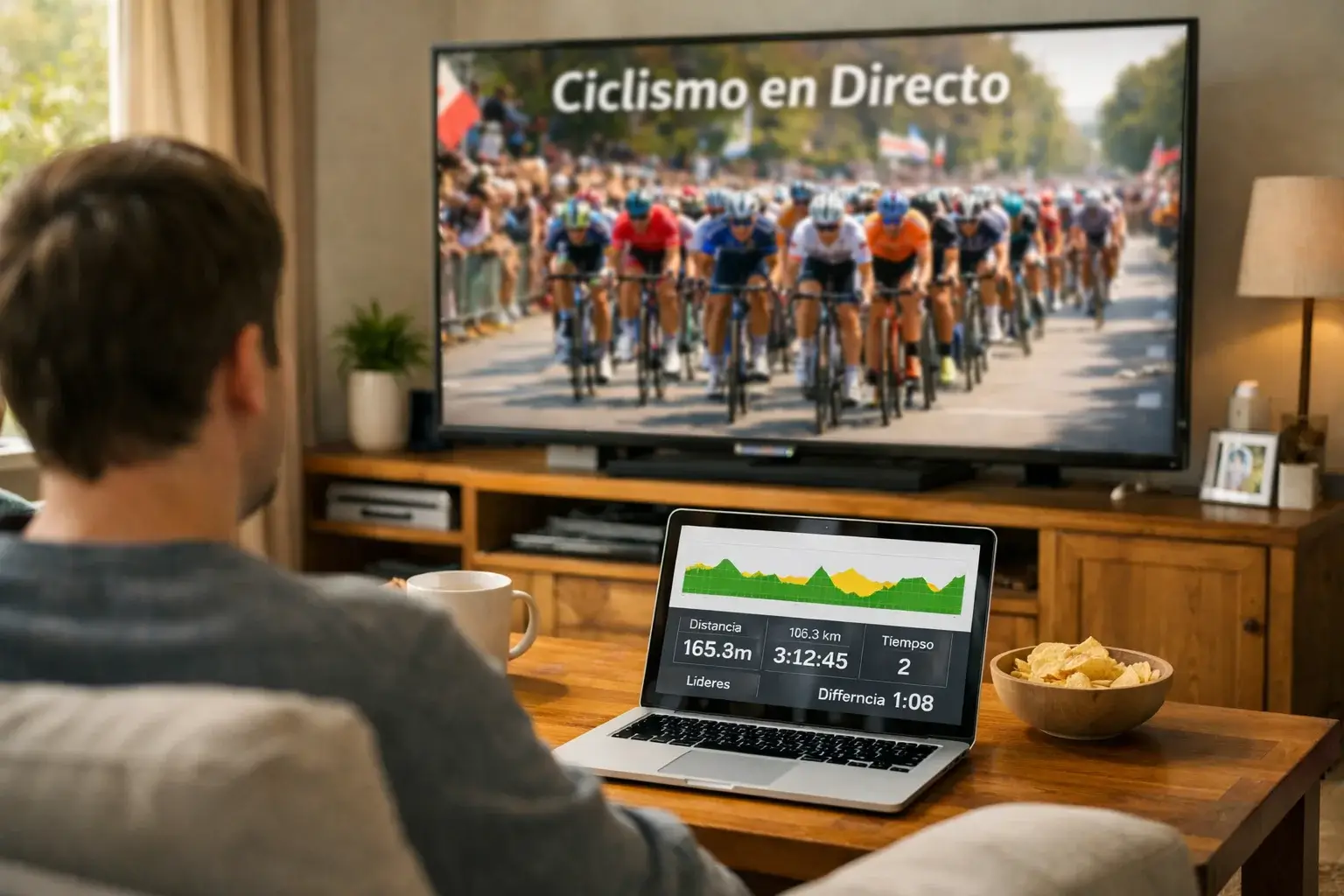 Persona viendo una carrera ciclista en televisión con un portátil abierto al lado